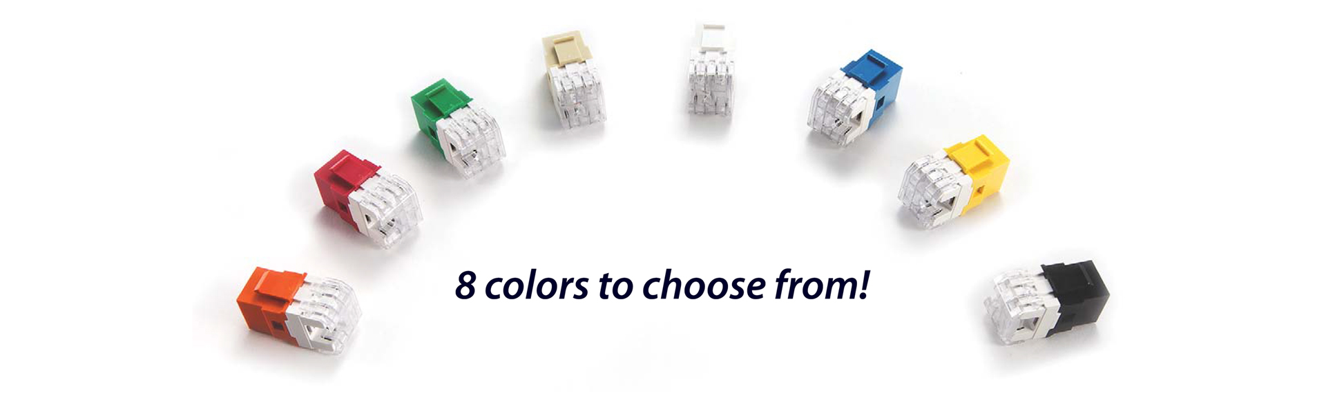 An array of variously-colored RJ45 jacks
